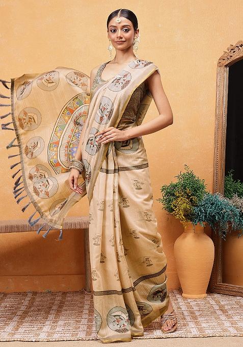 Beige Embroidered Cotton Blend Pre Stitched Saree