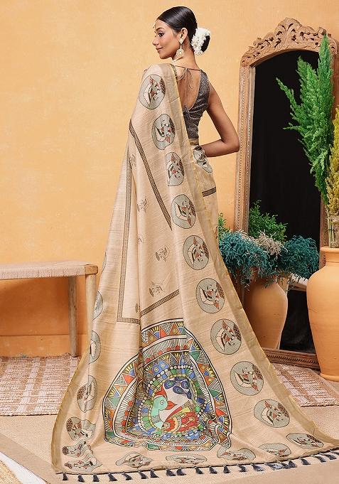 Beige Embroidered Cotton Blend Pre Stitched Saree