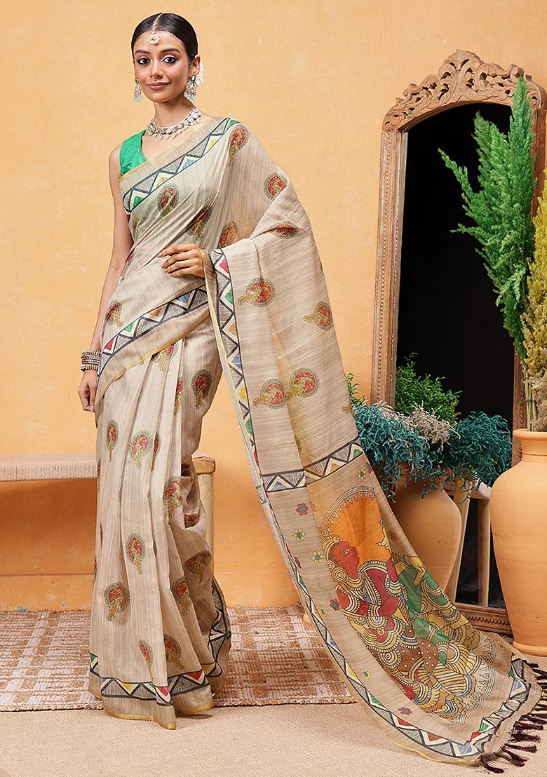 Beige Embroidered Cotton Blend Pre Stitched Saree