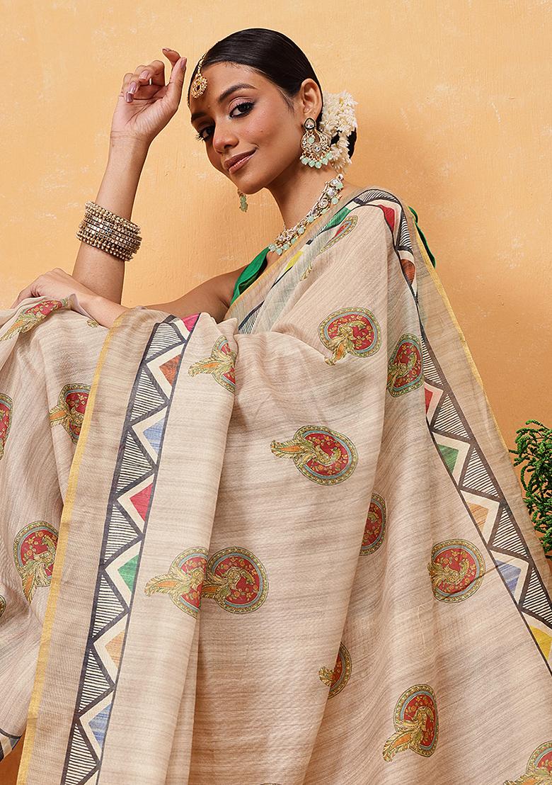 Beige Embroidered Cotton Blend Pre Stitched Saree