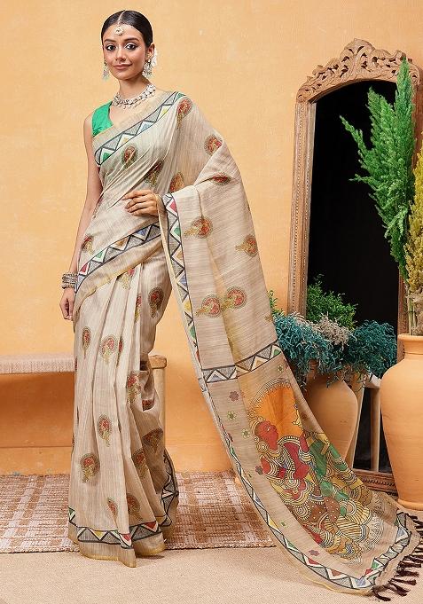 Beige Embroidered Cotton Blend Pre Stitched Saree