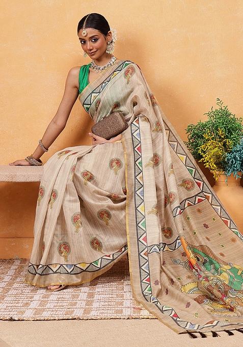 Beige Embroidered Cotton Blend Pre Stitched Saree