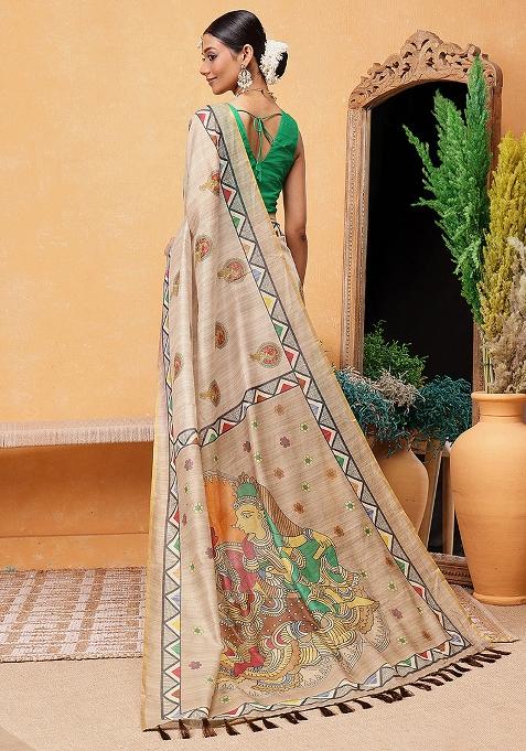 Beige Embroidered Cotton Blend Pre Stitched Saree