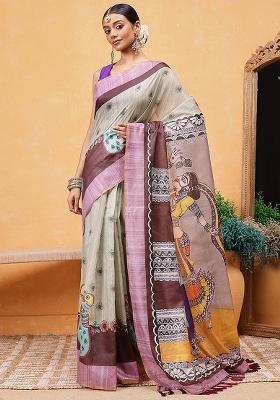 Grey Embroidered Cotton Blend Pre Stitched Saree
