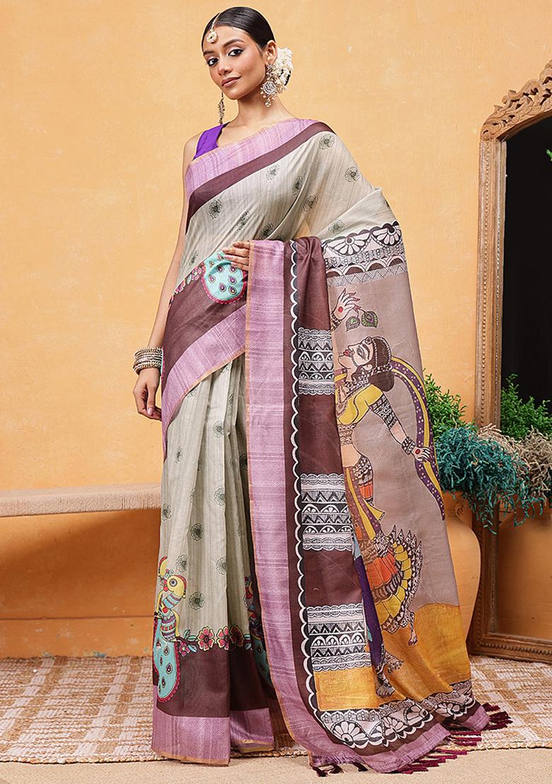 Grey Embroidered Cotton Blend Pre Stitched Saree