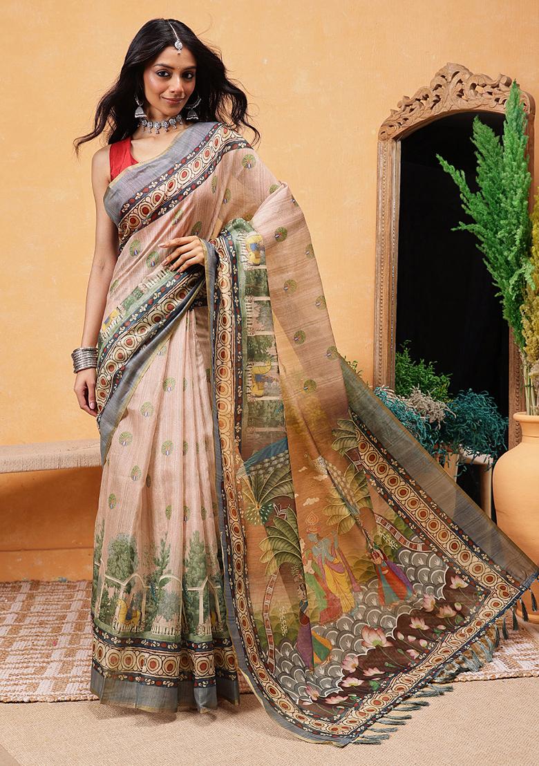 Beige Embroidered Cotton Blend Pre Stitched Saree