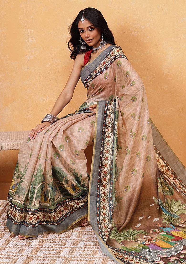 Beige Embroidered Cotton Blend Pre Stitched Saree