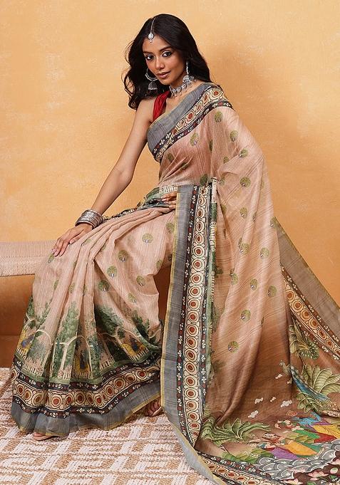 Beige Embroidered Cotton Blend Pre Stitched Saree