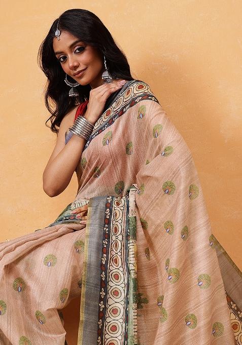 Beige Embroidered Cotton Blend Pre Stitched Saree