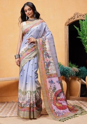 Grey Embroidered Cotton Blend Pre Stitched Saree