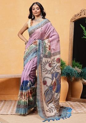 Pink Embroidered Cotton Blend Pre Stitched Saree