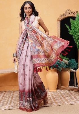 Rust Brown Embroidered Cotton Blend Pre Stitched Saree