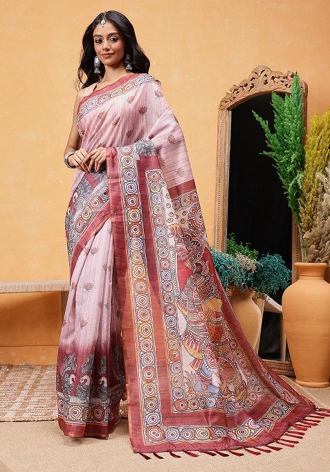 Rust Brown Embroidered Cotton Blend Pre Stitched Saree