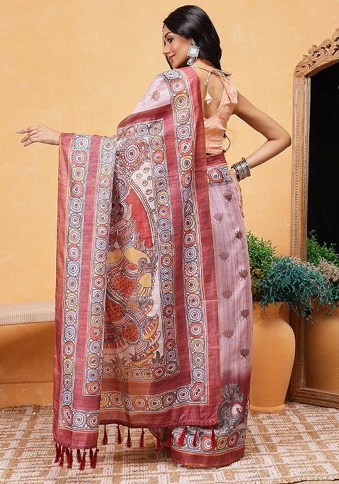 Rust Brown Embroidered Cotton Blend Pre Stitched Saree