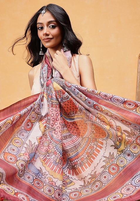 Rust Brown Embroidered Cotton Blend Pre Stitched Saree