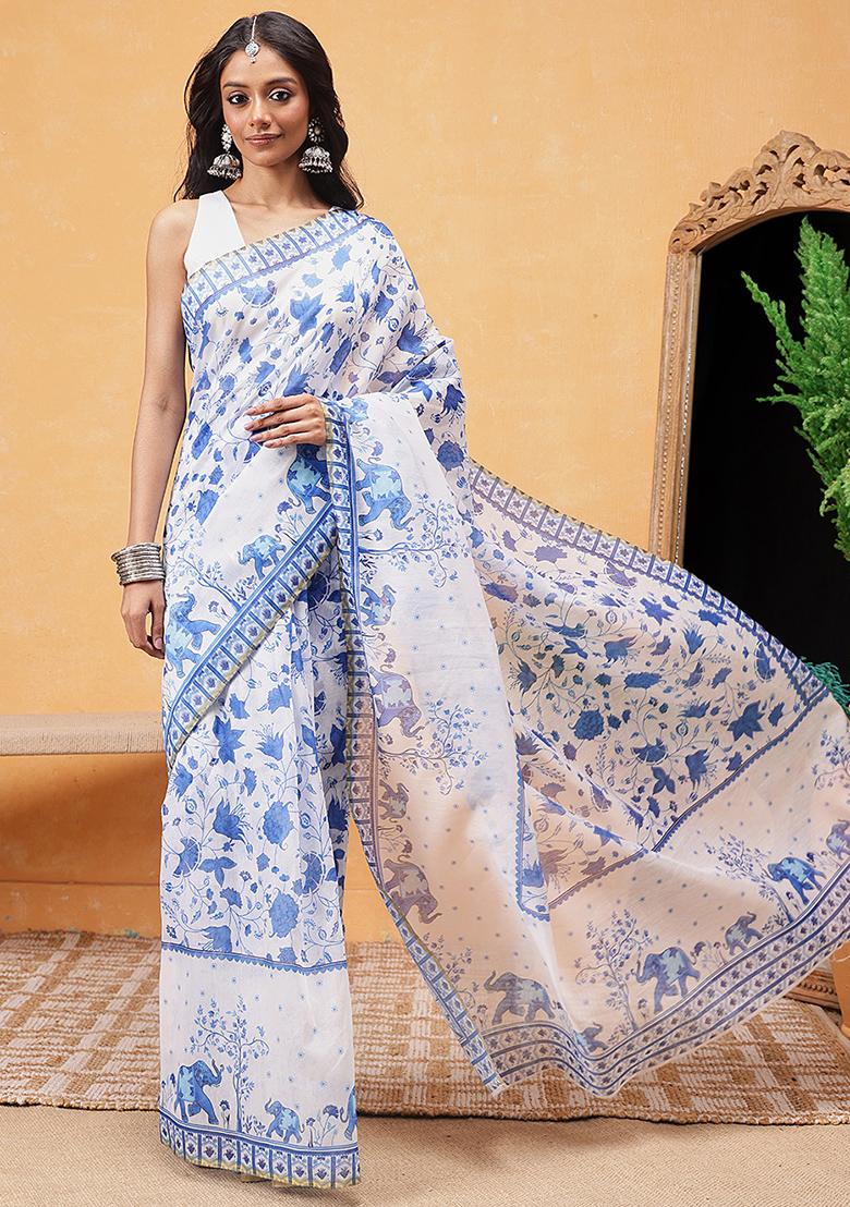 White Embroidered Cotton Blend Pre Stitched Saree