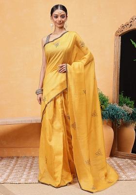 Yellow Embroidered Cotton Blend Pre Stitched Saree