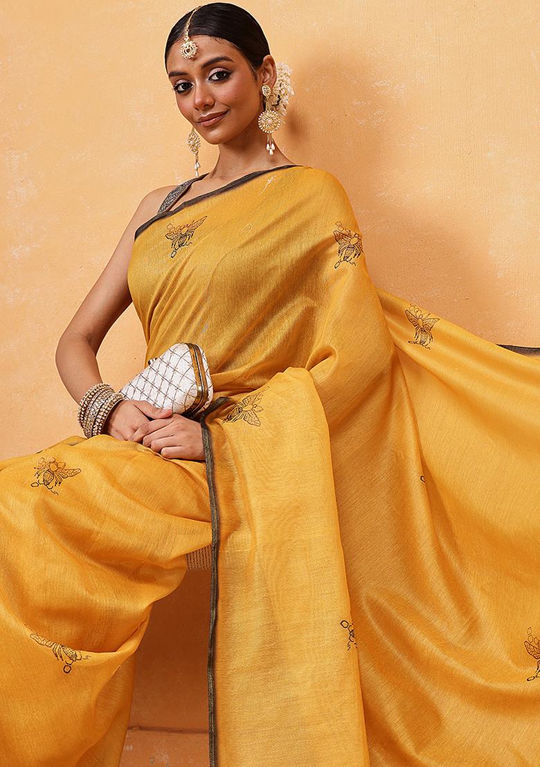 Yellow Embroidered Cotton Blend Pre Stitched Saree