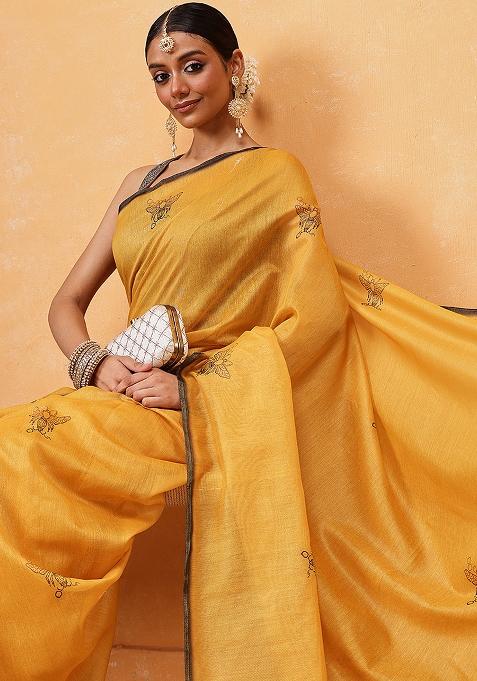 Yellow Embroidered Cotton Blend Pre Stitched Saree