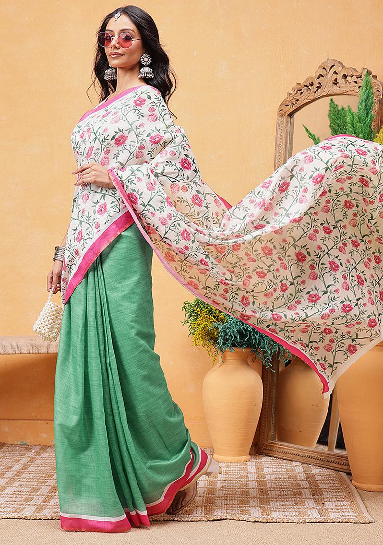 Green Embroidered Cotton Blend Pre Stitched Saree