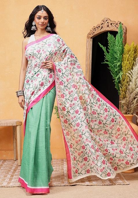 Green Embroidered Cotton Blend Pre Stitched Saree