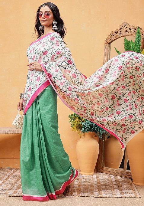 Green Embroidered Cotton Blend Pre Stitched Saree