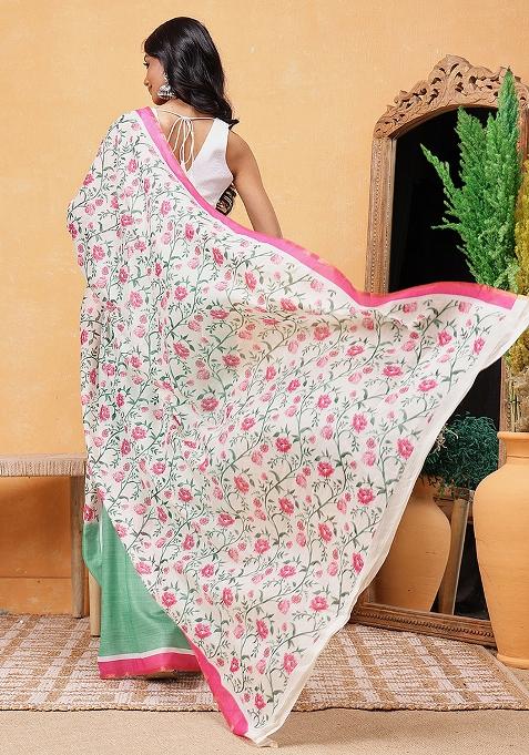 Green Embroidered Cotton Blend Pre Stitched Saree