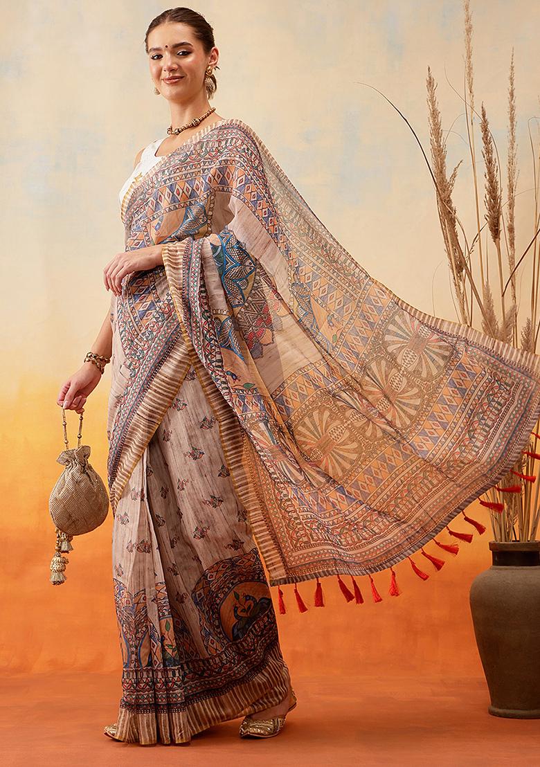 Grey Embroidered Cotton Blend Pre Stitched Saree