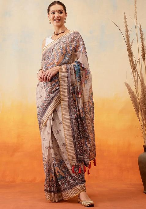 Grey Embroidered Cotton Blend Pre Stitched Saree