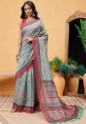 Teal Blue Embroidered Cotton Blend Pre Stitched Saree