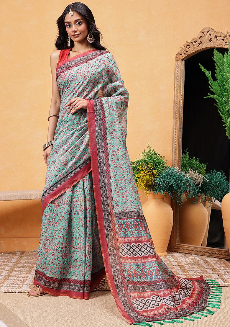 Teal Blue Embroidered Cotton Blend Pre Stitched Saree