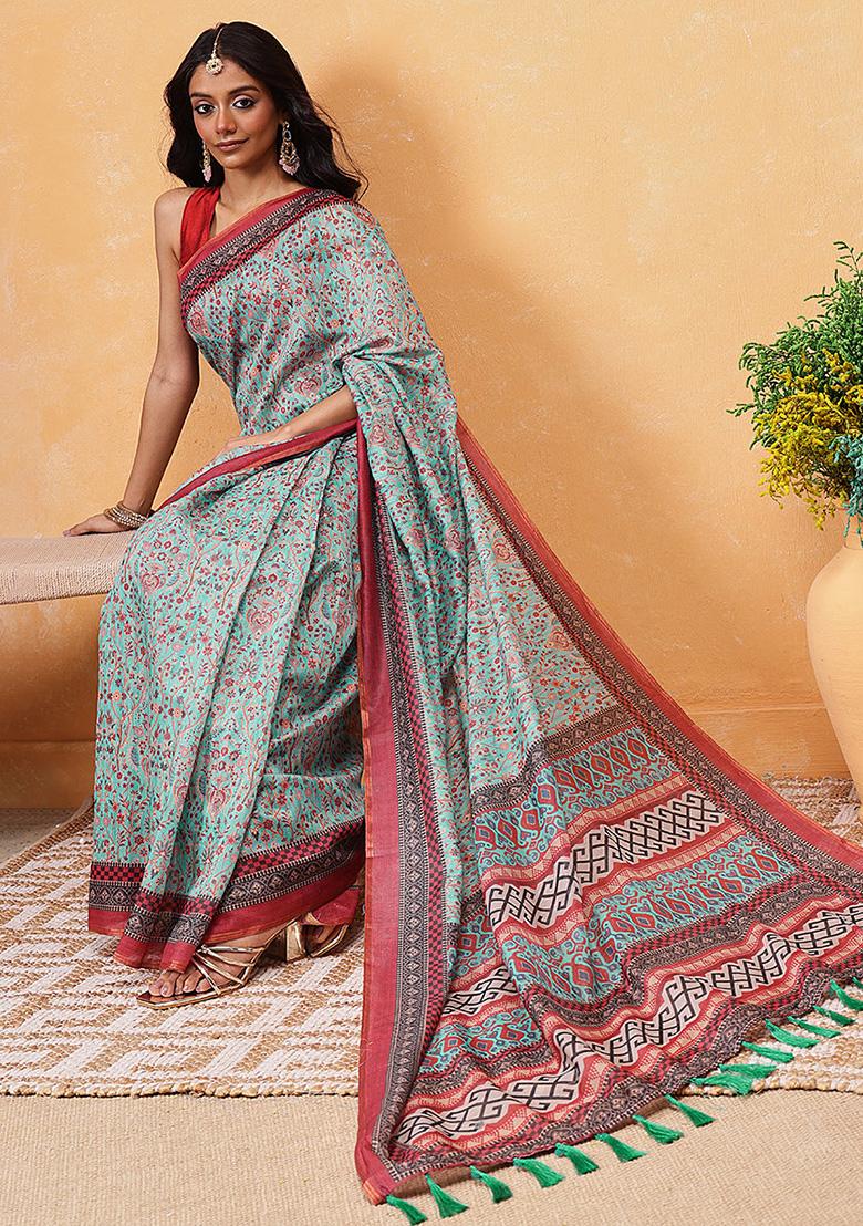 Teal Blue Embroidered Cotton Blend Pre Stitched Saree