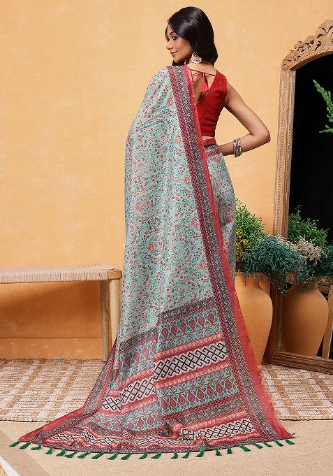 Teal Blue Embroidered Cotton Blend Pre Stitched Saree