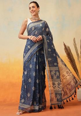 Blue Embroidered Cotton Blend Pre Stitched Saree
