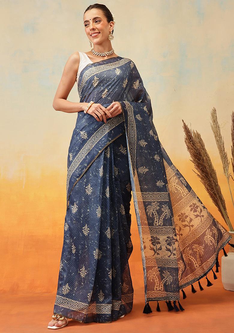 Blue Embroidered Cotton Blend Pre Stitched Saree