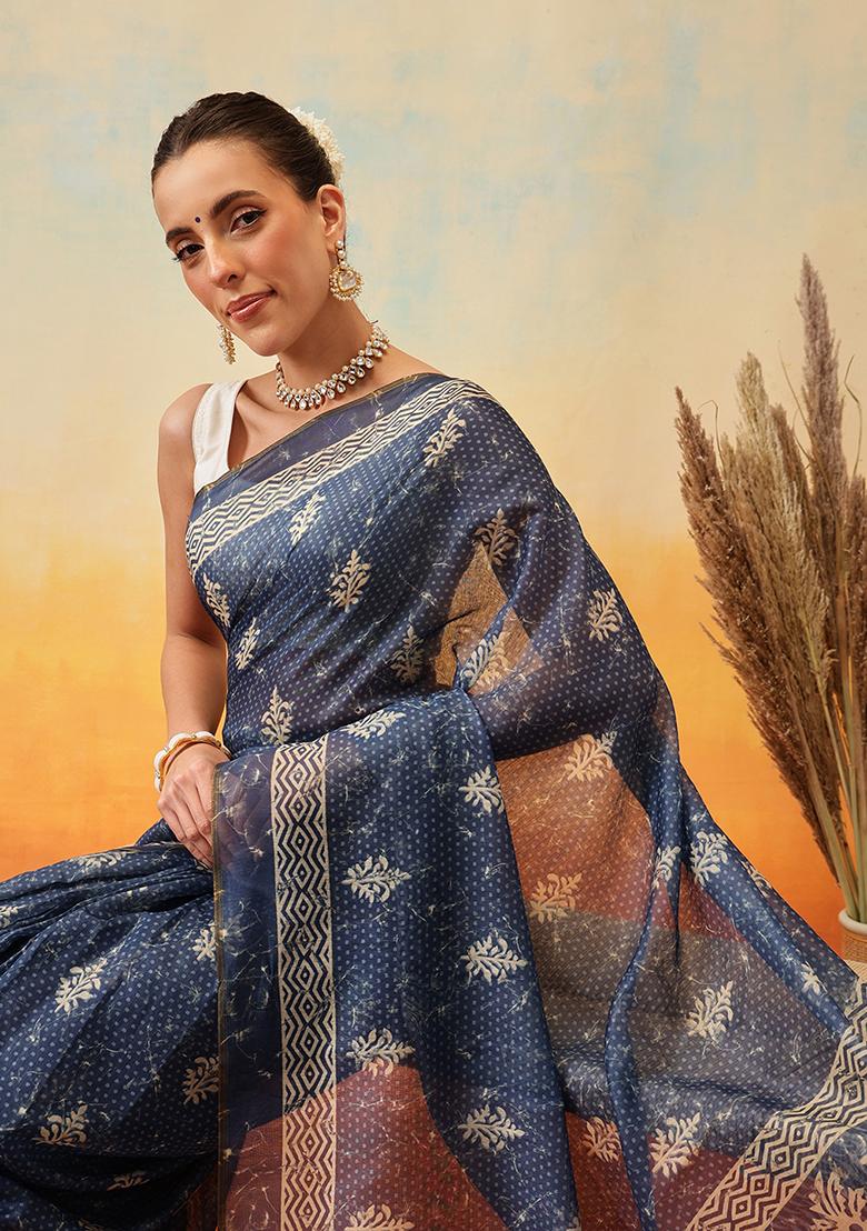 Blue Embroidered Cotton Blend Pre Stitched Saree