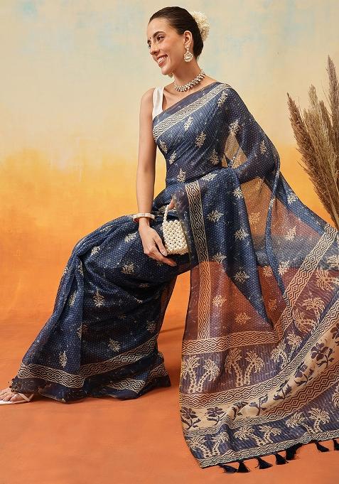Blue Embroidered Cotton Blend Pre Stitched Saree