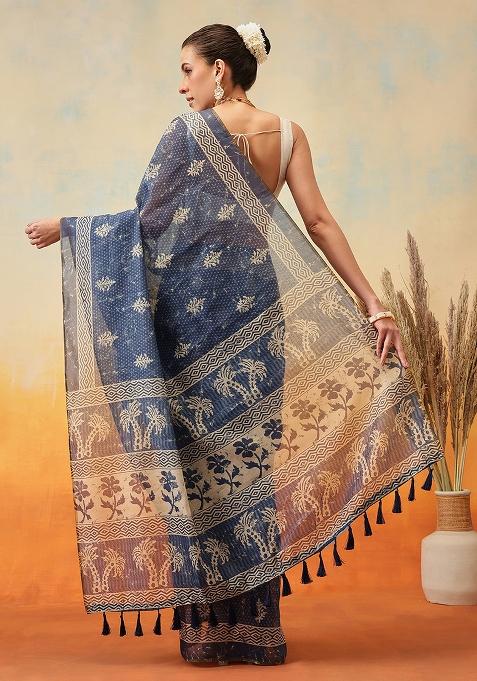 Blue Embroidered Cotton Blend Pre Stitched Saree
