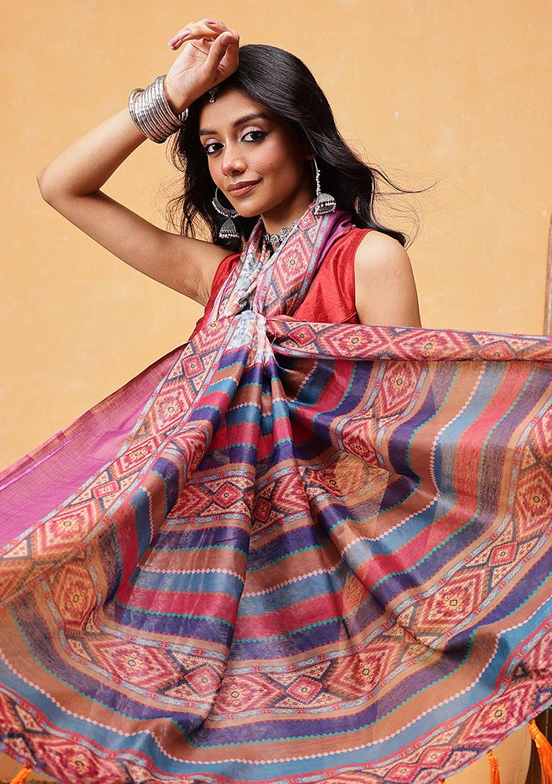 Pink Embroidered Cotton Blend Pre Stitched Saree