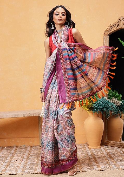 Pink Embroidered Cotton Blend Pre Stitched Saree