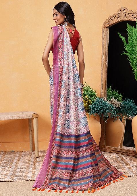 Pink Embroidered Cotton Blend Pre Stitched Saree