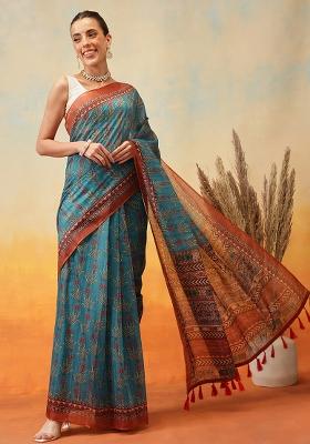 Teal Blue Embroidered Cotton Blend Pre Stitched Saree
