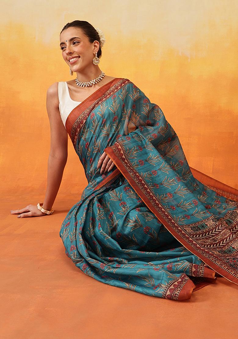 Teal Blue Embroidered Cotton Blend Pre Stitched Saree