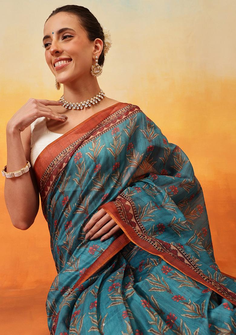 Teal Blue Embroidered Cotton Blend Pre Stitched Saree