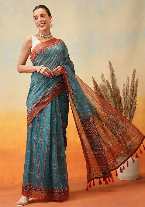 Teal Blue Embroidered Cotton Blend Pre Stitched Saree