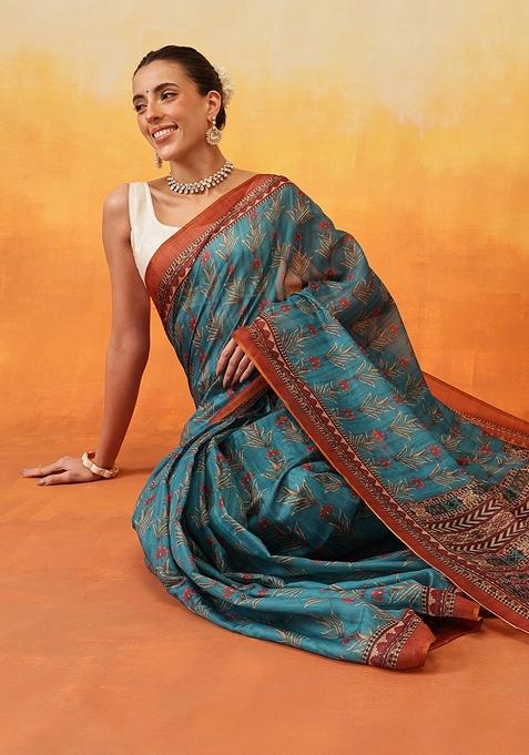 Teal Blue Embroidered Cotton Blend Pre Stitched Saree