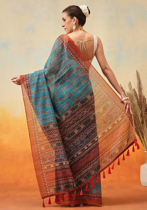 Teal Blue Embroidered Cotton Blend Pre Stitched Saree