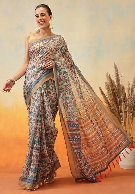 Beige Embroidered Cotton Blend Pre Stitched Saree