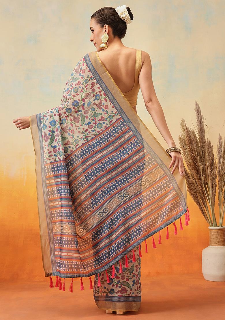 Beige Embroidered Cotton Blend Pre Stitched Saree