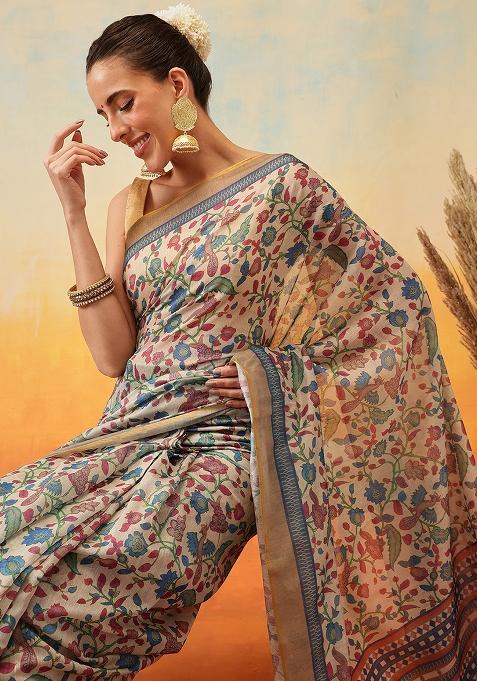 Beige Embroidered Cotton Blend Pre Stitched Saree